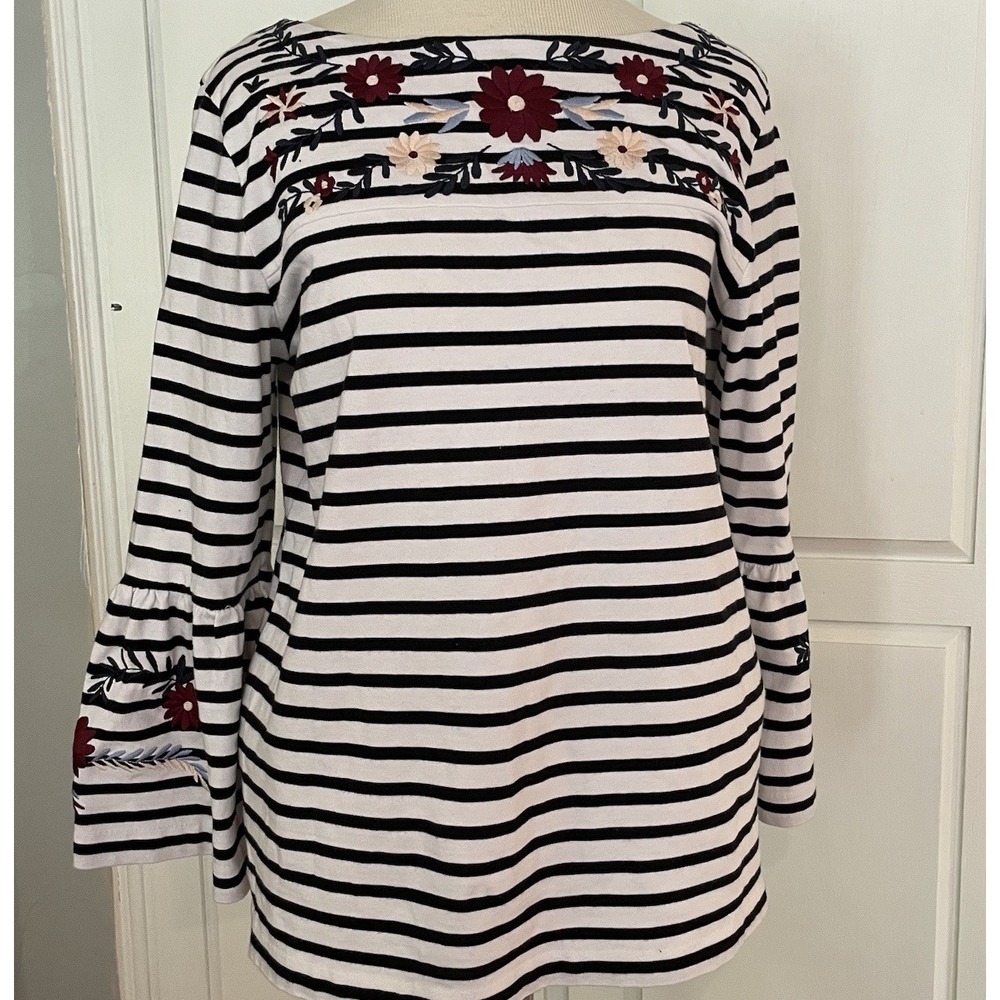 J. Crew Women's Medium Embroidered Floral Top Flared Sleeve Black‎ White Striped
